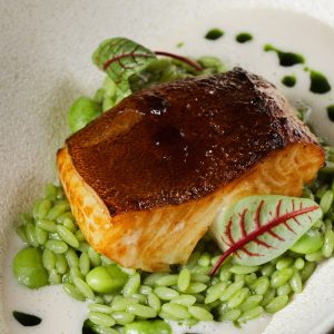 Палтус с зеленым орзо и соусом Даси